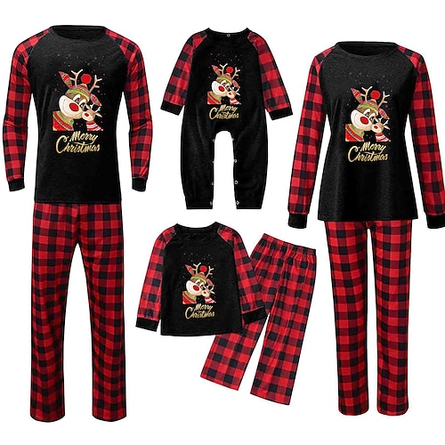 

Family Look Christmas Pajamas Plaid Deer Christmas pattern Home Black Dark Red Wine Long Sleeve Daily Matching Outfits