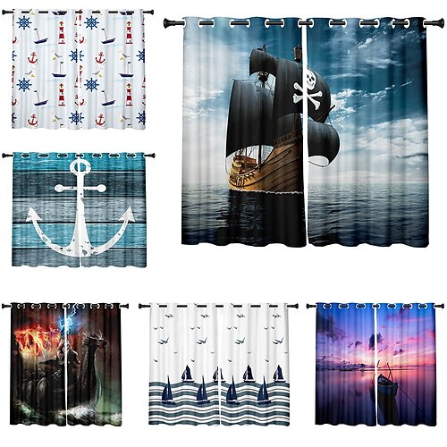 

3D Print Blackout Curtain Feather Print Curtain Drapes for Living Room Thermal Insulated Grommet Window Curtains for Bedroom Ship Anchor Airship Cruise Pirate