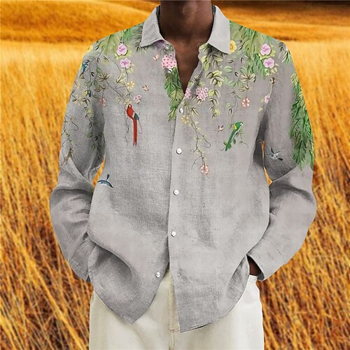 

Men's Shirt Graphic Shirt Floral Turndown Gray 3D Print Outdoor Street Long Sleeve Button-Down Print Clothing Apparel Fashion Designer Casual Breathable