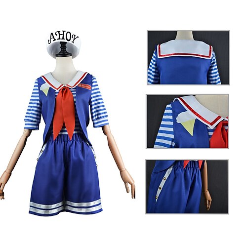 

Kids Girls' Stranger Things Sailor Uniform Steve Harrington Outfits Masquerade PantsSet Clothing Set 5 Pieces Short Sleeve Blue Navy Blue Solid Color Linen Street Vacation Cool Costume 2-6 Years