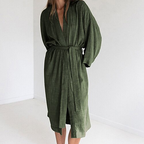 

Women's Pajamas Robes Gown Bathrobes Pjs Pure Color Simple Comfort Soft Home Daily Bed Cotton V Wire Long Sleeve Dress Winter Fall Green White / Spa