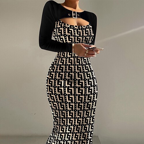 

Women's Party Dress Bodycon Sheath Dress Black Long Sleeve Geometric Print Winter Fall Autumn Crew Neck Fashion Party Winter Dress Evening Party Slim 2022 S M L XL