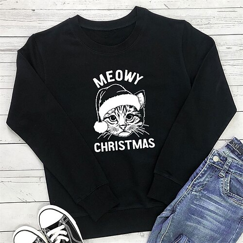

Women's Plus Size Tops Pullover Sweatshirt Hoodie Sweatshirt Cat Letter Long Sleeve Crewneck Casual Festival Halloween Going out Cotton Fall Winter Green Pink