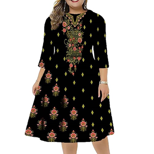

Women's Plus Size Casual Dress Floral Crew Neck Print 3/4 Length Sleeve Winter Fall Stylish Work Casual Midi Dress Daily Vacation Dress