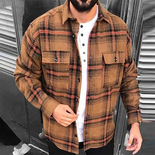 

Men's Flannel Shirt Shirt Jacket Shacket Shirt Plaid / Check Turndown Brown Street Daily Long Sleeve Button-Down Clothing Apparel Basic Fashion Casual Comfortable