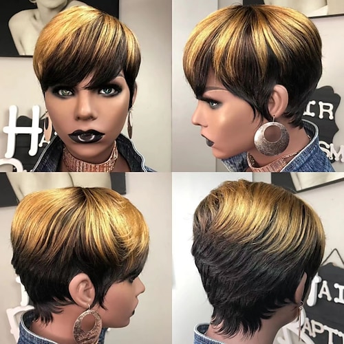 

Pixie Short Cut Bob Wigs Ombre Brown Human Hair Wigs For Black Women Brazilian Straight Pixie Wig With Full Bangs