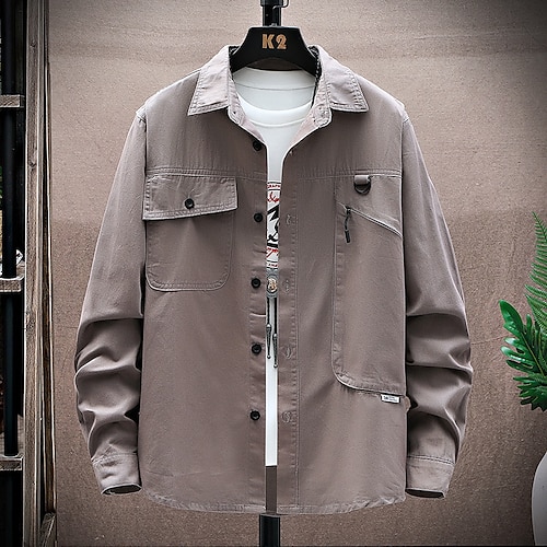 

Men's Shirt Overshirt Cargo Shirt Shirt Jacket Solid Color Turndown Army Green Dusty Rose Long Sleeve Outdoor Street Button-Down Tops Cotton Comfortable Pocket