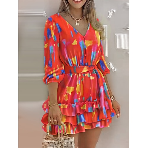 

Women's Skater Dress Yellow Orange Red Long Sleeve Pure Color Ruffle Winter Fall Autumn V Neck Classic 2022 S M L XL