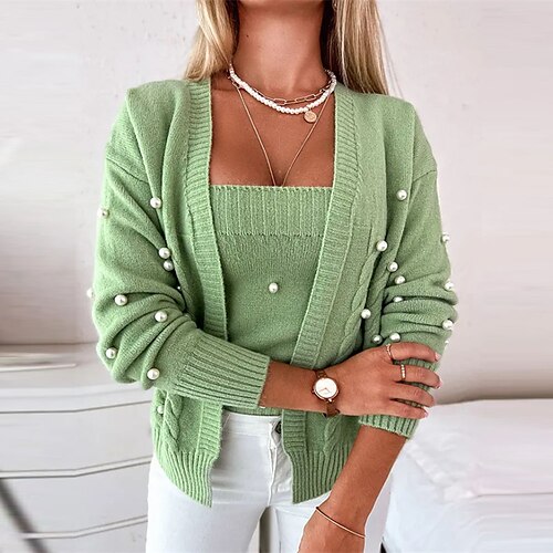 

Women's Sweater Set Jumper Cable Knit Knitted Beads Pure Color Square Neck Stylish Casual Outdoor Daily Winter Fall Purple Light Green S M L / Long Sleeve / Regular Fit / Going out