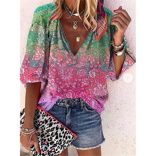 

Women's Blouse Shirt Sapphire Orange Rose Red Floral Print 3/4 Length Sleeve Casual Weekend Streetwear V Neck Regular Loose Fit Floral S / 3D Print