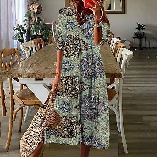 

Women's Casual Dress Shift Dress Midi Dress Green Black Blue 3/4 Length Sleeve Floral Ruched Print Fall Winter Round Neck Casual Vacation 2022 S M L XL XXL 3XL