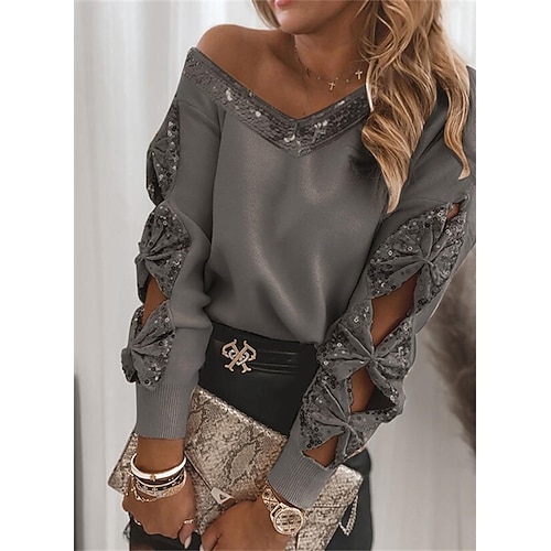 

Women's Pullover Sweater Jumper Ribbed Knit Sequins Knitted Pure Color Crew Neck Stylish Casual Outdoor Daily Fall Winter Gray Fuchsia S M L / Long Sleeve / V Neck
