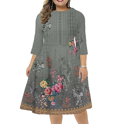 

Women's Plus Size Work Dress Floral Round Neck 3/4 Length Sleeve Fall Winter Stylish Work Midi Dress Vacation Going out Dress