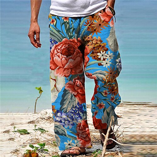 

Men's Trousers Beach Pants Pocket Drawstring Elastic Waist Graphic Prints Flower / Floral Comfort Breathable Casual Daily Holiday Streetwear Designer Blue / Elasticity