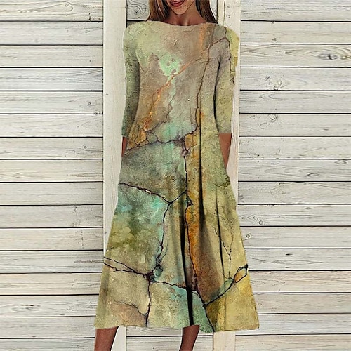 

Women's Casual Dress Shift Dress Midi Dress Green 3/4 Length Sleeve Color Gradient Ruched Winter Fall Autumn 2022 S M L XL XXL 3XL