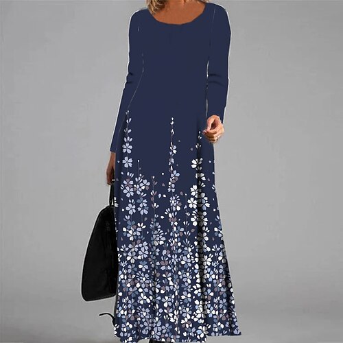 

Women's Casual Dress A Line Dress Maxi long Dress Navy Blue Long Sleeve Floral Pocket Print Fall Winter V Neck Vacation Casual 2022 S M L XL XXL 3XL