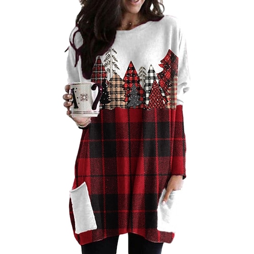 

Women's A Line Dress Sweatshirt Dress Knee Length Dress Wine Red Long Sleeve Print Pure Color Pocket Print Fall Winter Crew Neck Casual Classic Loose Fit 2022 S M L XL XXL 3XL / Cotton