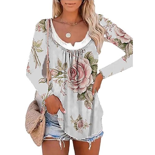 

Women's T shirt Tee Floral Holiday Weekend Floral Painting T shirt Tee Long Sleeve Print Round Neck Basic Green Blue Pink S / 3D Print