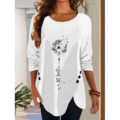 

Women's T shirt Tee Tunic White Black Dandelion Button Print Long Sleeve Casual Weekend Basic Round Neck Regular Floral Painting S