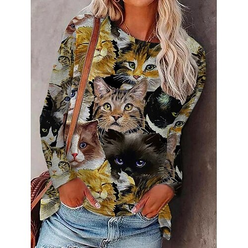 

Women's T shirt Tee Yellow Cat Print Long Sleeve Casual Weekend Basic Round Neck Regular Cat Painting S / 3D Print