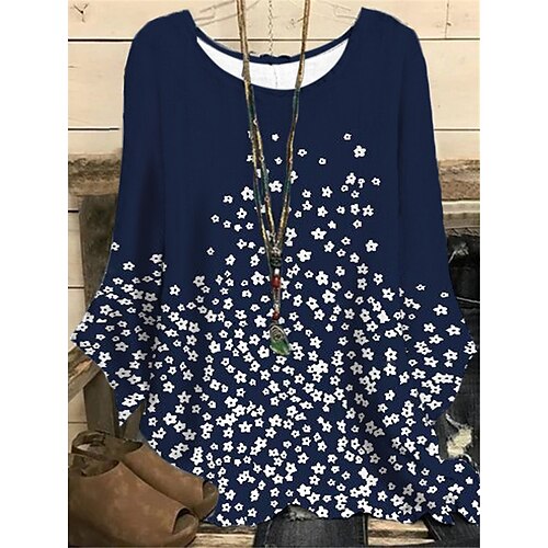 

Women's Plus Size Tops Blouse Shirt Floral Print Long Sleeve Round Neck Casual Daily Vacation Polyester Fall Winter Navy Blue