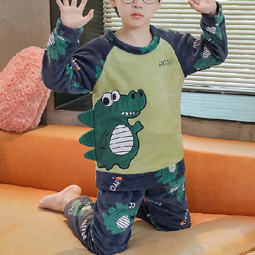 

2 Pieces Kids Boys Hoodie & Pants Clothing Set Outfit Dinosaur Long Sleeve Cotton Set Indoor Casual Winter Fall 3-13 Years Green Blue Light Green