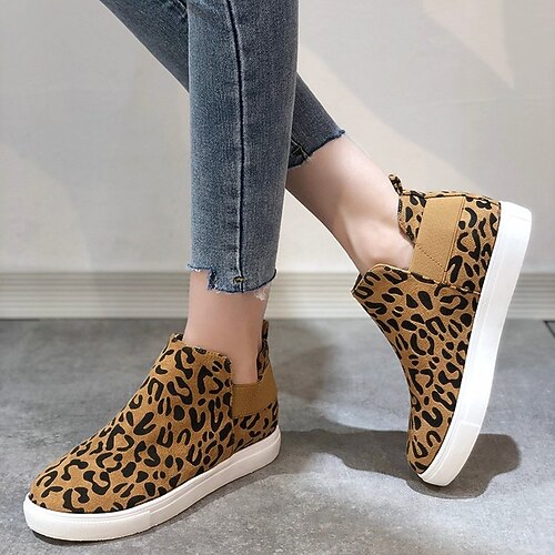 

Women's Sneakers Daily Plus Size Winter Flat Heel Round Toe Casual Minimalism PU Leather Loafer Leopard Solid Colored Leopard Black Khaki