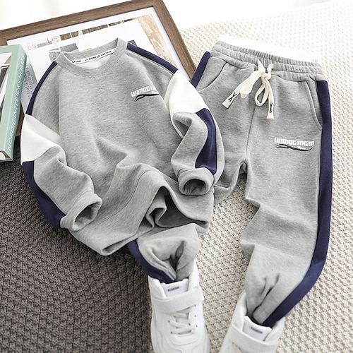 

2 Pieces Kids Boys Hoodie & Pants Clothing Set Outfit Letter Long Sleeve Cotton Set Street Cool Street Style Winter Fall 3-12 Years Blue Gray