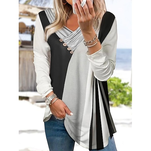 

Women's T shirt Tee Gray Color Block Button Flowing tunic Long Sleeve Daily Weekend Basic V Neck Long S / 3D Print