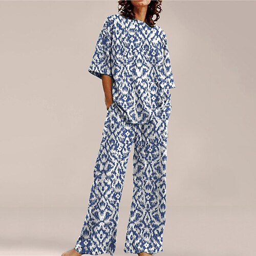

Women's Loungewear Sets 2 Pieces Geometic Fashion Comfort Home Street Cotton Spandex Jersey Crew Neck Short Sleeve T shirt Tee Pant Winter Fall Blue