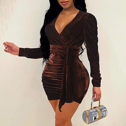 

Women's Party Dress Velvet Dress Red Blue Wine Brown Black Long Sleeve Pure Color Velvet Winter Fall V Neck Sexy Mature Fall Dress Slim 2022 S M L XL XXL Winter Dress Sheath Dress