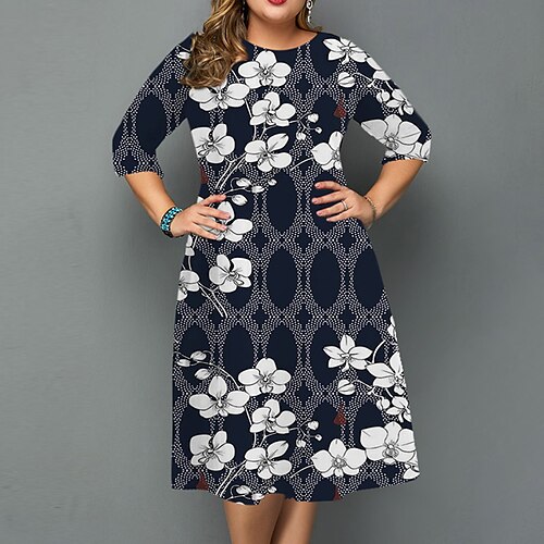 

Women's Plus Size Casual Dress Floral Round Neck 3/4 Length Sleeve Fall Winter Casual Midi Dress Causal Daily Dress