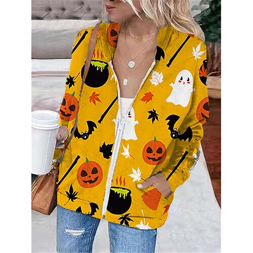 

Women's Hoodie Jacket Warm Breathable Outdoor Halloween Daily Wear Going out Zipper Pocket Print Zipper Hoodie Vintage Sports Comfortable Street Style Letter Regular Fit Outerwear Long Sleeve Winter