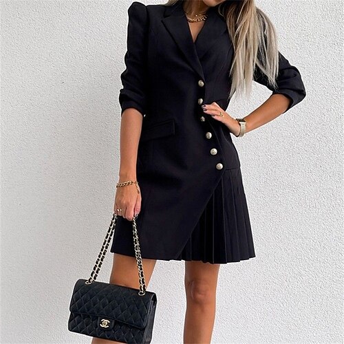 

Women's Blazer Dress Sheath Dress Short Mini Dress Black Apricot Long Sleeve Pure Color Pleated Button Pocket Fall Winter Shirt Collar Formal Modern 2022 S M L XL 2XL