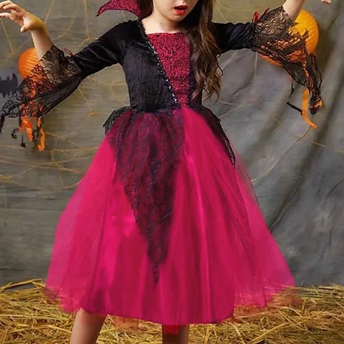 

Kids Girls' Halloween Dress Color Block A Line Dress Asymmetrical Dress Party Lace Cotton 3/4 Length Sleeve Gothic Dress 2-8 Years Spring Red