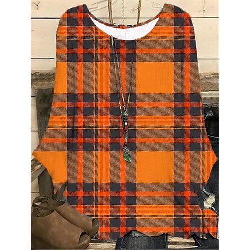 

Women's Plus Size Tops Blouse Shirt Leopard Plaid Print Long Sleeve Crewneck Casual Halloween Halloween Daily Polyester Fall Winter khaki Orange