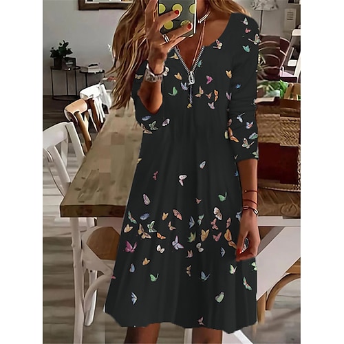 

robe décontractée pour femmes une ligne robe longueur au genou robe rose à manches longues floral papillon abstrait fermeture éclair impression automne hiver col en v vacances décontractées 2022 6xl