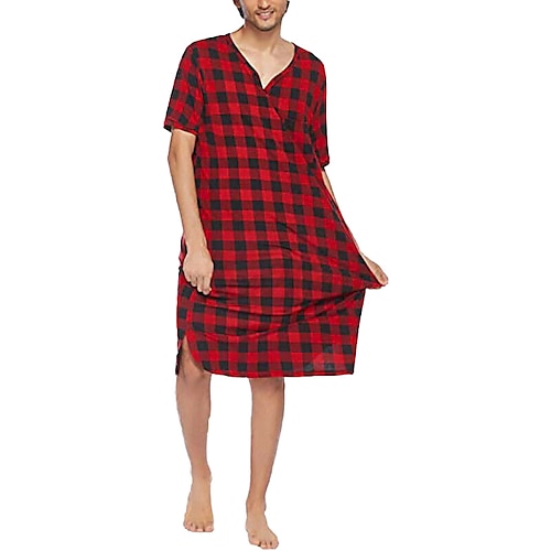 

Men's Pajamas Loungewear Sleepwear Nightshirt 1 PCS Grid / Plaid Fashion Comfort Soft Home Bed Polyester Breathable V Wire Short Sleeve Basic Fall Spring Black Wine