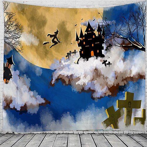 

Halloween Party Wall Tapestry Art Decor Blanket Curtain Hanging Home Bedroom Living Room Decoration Polyester Pumpkin Witch Castle Graveyard Bat