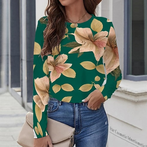 

Women's T shirt Tee Green Graphic Floral Print Long Sleeve Casual Daily Vintage Round Neck Regular Floral Painting S / 3D Print