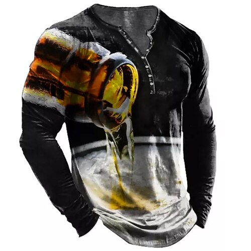 

Men's T shirt Tee Henley Shirt Tee Graphic Beer Henley Black Long Sleeve 3D Print Plus Size Outdoor Daily Button-Down Print Tops Basic Designer Classic Comfortable / Sports