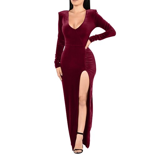 

Vestido de fiesta para mujer, vestido de terciopelo, vestido largo verde, vestido maxi, vino, verde oscuro, negro, manga larga, color puro, dividido, terciopelo, invierno, otoño, cuello en V, fiesta