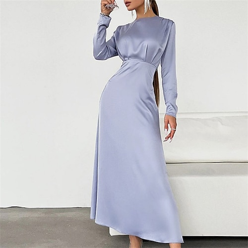 

Women's Satin Dress A Line Dress Maxi long Dress Light Blue Long Sleeve Pure Color Patchwork Fall Winter Crew Neck Fashion Elegant 2022 S M L