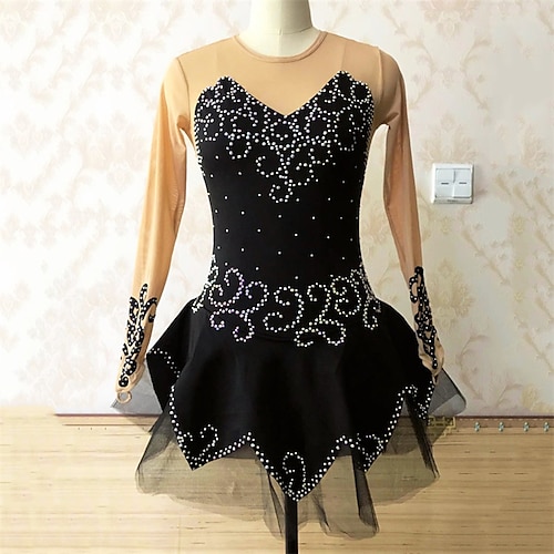 

Figure Skating Dress Women's Girls' Ice Skating Dress Black Thumbhole Spandex High Elasticity Training Competition Skating Wear Handmade Crystal / Rhinestone Long Sleeve Ice Skating Figure Skating