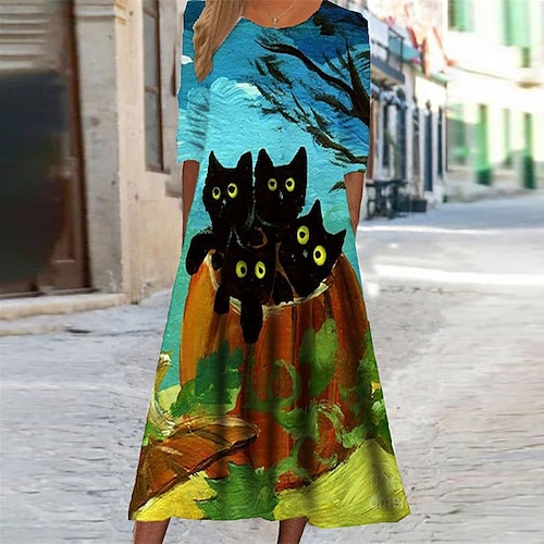 

Women's Casual Dress Swing Dress Midi Dress Black Blue Orange Long Sleeve Animal Cat Pumpkin Pocket Print Fall Winter Round Neck Vacation Casual 2022 S M L XL XXL 3XL