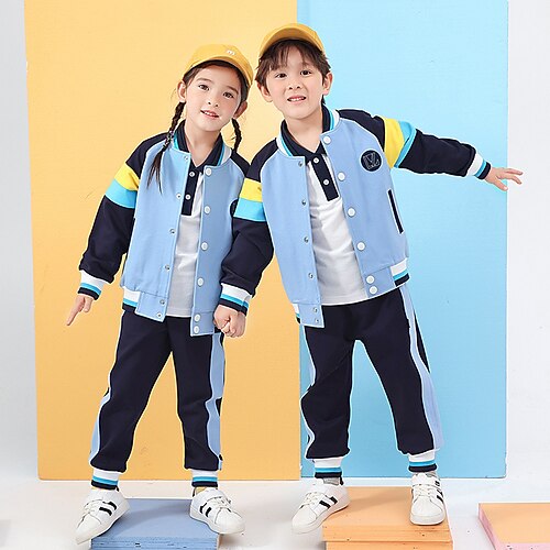 

2 Pieces Kids Unisex Jacket & Pants Clothing Set Outfit Color Block Long Sleeve Set School Daily Preppy Style Winter Fall 3-13 Years Blue Beige