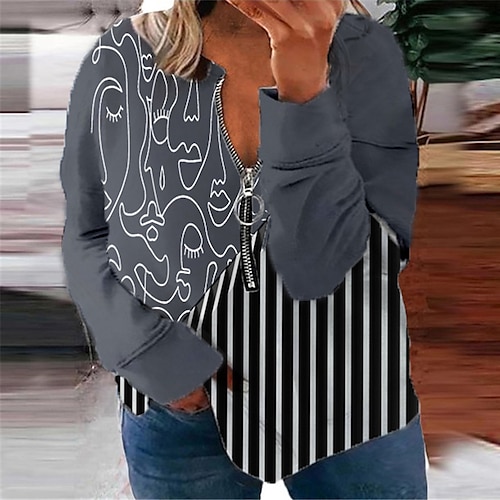 

Women's Plus Size Tops Pullover Sweatshirt Hoodie Sweatshirt Striped Abstract Zipper Print Long Sleeve Round Neck Casual Daily Vacation Polyester Fall Winter Gray