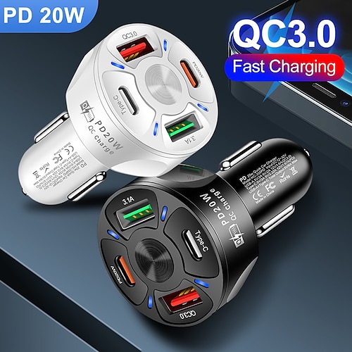 

Car USB Charger PD 20W 4 port Quick Charge 3.0 Universal Type C Fast Charging For iPhone Xiaomi Redmi Type C Car Charger