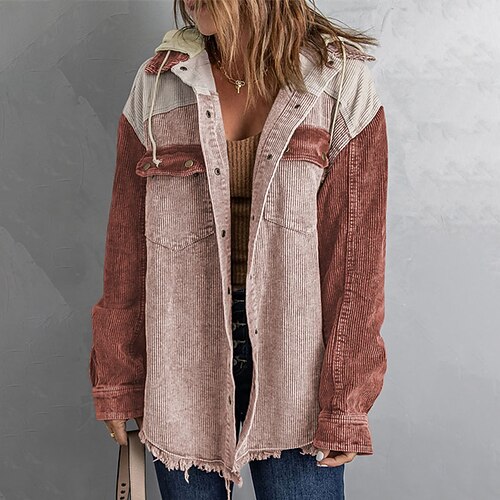 

Women's Casual Jacket Windproof Warm Outdoor Street Daily Vacation Button Pocket Corduroy Single Breasted Hoodie Street Style Preppy Style Color Block Regular Fit Outerwear Long Sleeve Winter Fall