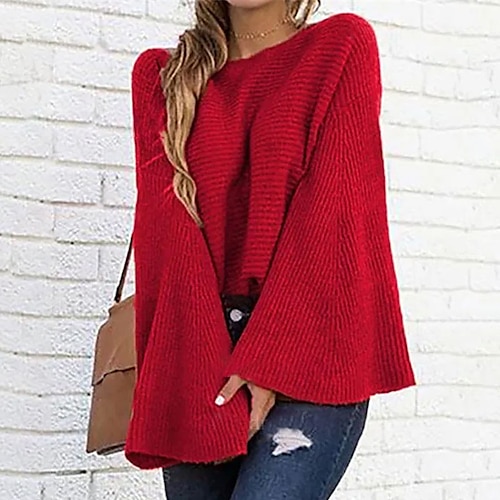 

Women's Pullover Sweater jumper Jumper Ribbed Knit Knitted Pure Color Crew Neck Stylish Casual Outdoor Daily Flare Cuff Sleeve Winter Fall Red White S M L / Long Sleeve / Regular Fit / Going out